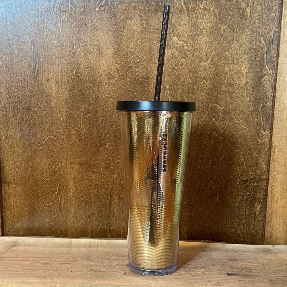 Starbucks 24oz Gold Tumbler with Black Lid and Straw